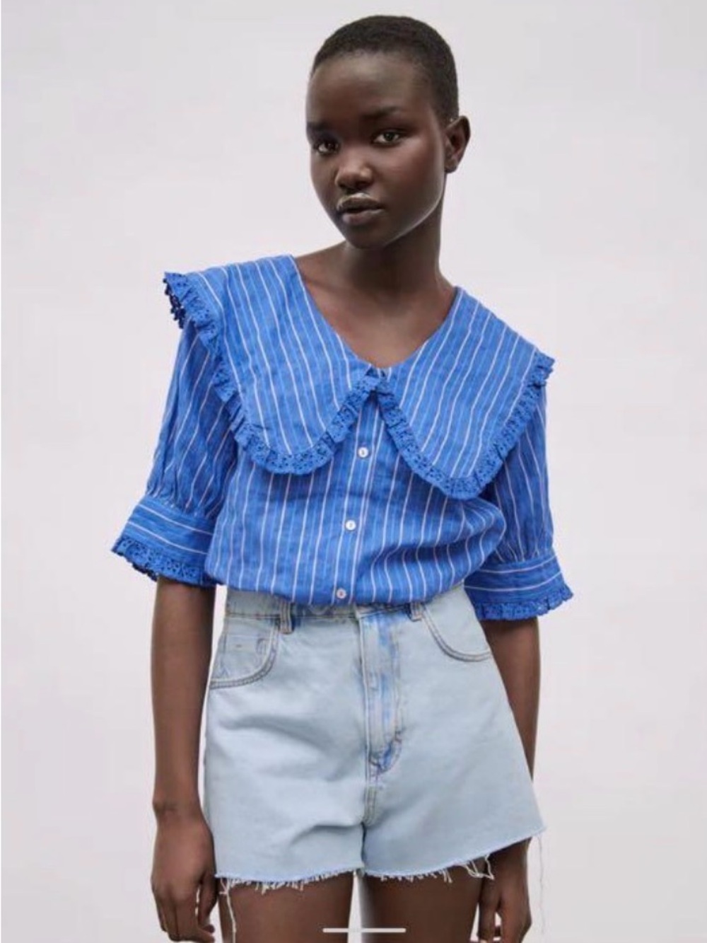 Zara Blue Striped Ruffle-Trim Button Down Top